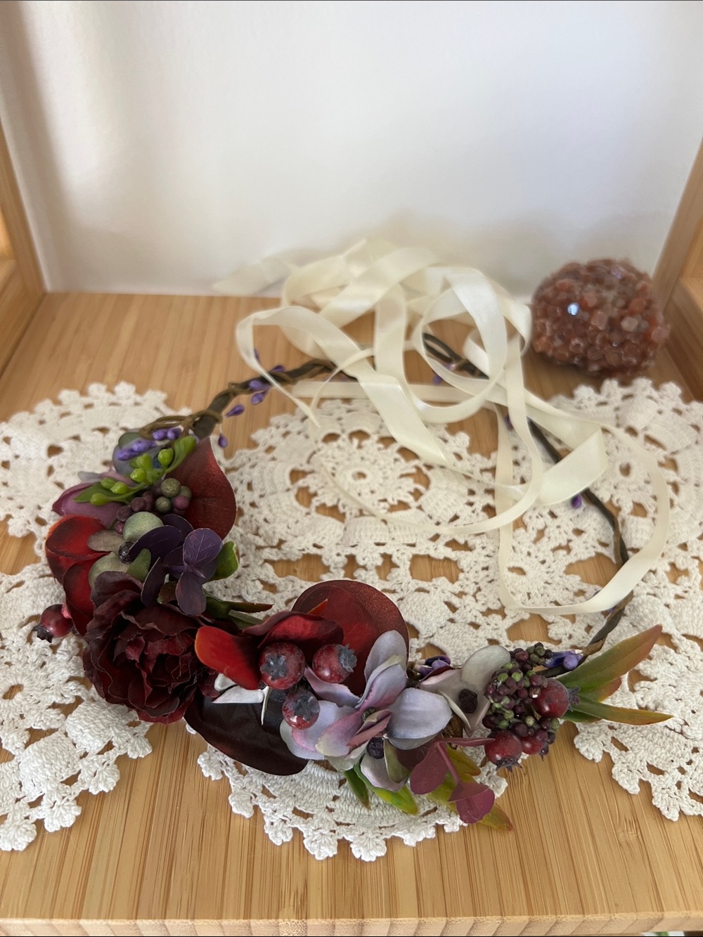 Handmade Burgundy & Lavender flower brown with Cream Ribbon